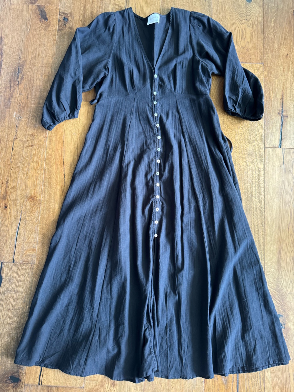 Iris Maxi Melina L/S Dress Black Size 8 Button Front V Neck Puff Sleeves - Picture 11 of 13